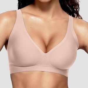 Seamless Deep V Push-Up Wireless Bra - Nude Pink